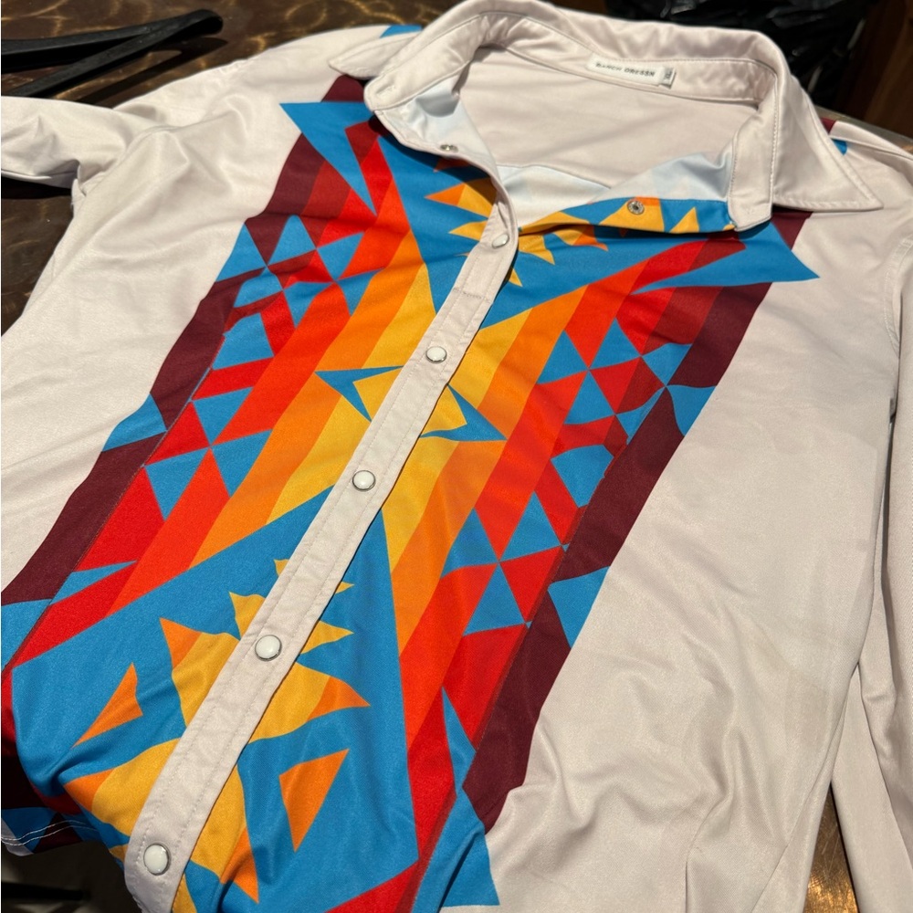 White Button-Down Shirt with Vibrant Geometric Print - Women